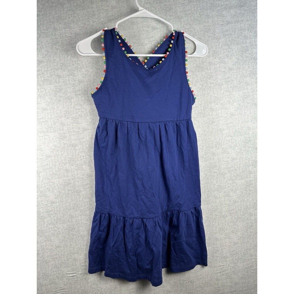 NEW Mini Boden Girls Jersey Cross Back Pom Pom Dress Size 11-12Y Party Blue NWT